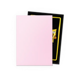Pink card sleeve with a black border featuring a yellow logo on a white background