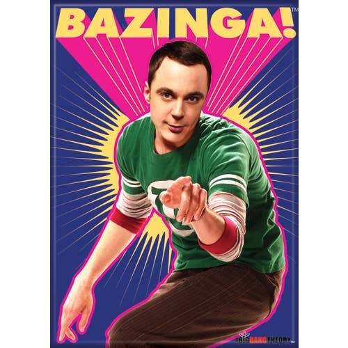 Character from 'The Big Bang Theory' with 'Bazinga!' text on a colorful background
