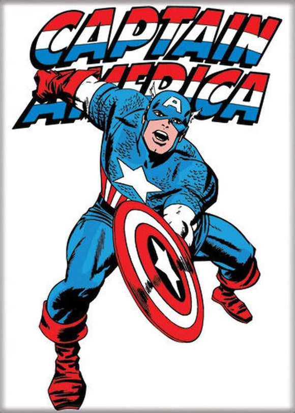 Vintage-style illustration of Captain America holding his shield with 'Captain America' text above.