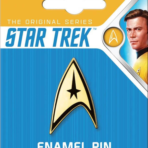 Star Trek enamel pin with logo and character on packaging