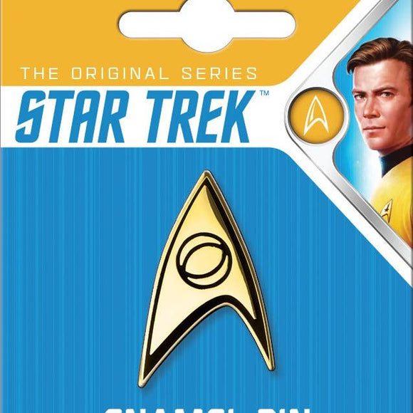 Star Trek enamel pin with logo on a blue card featuring a character from the series.
