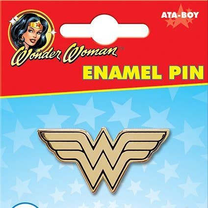 Wonder Woman enamel pin on a blue star-patterned card with red border, featuring the Wonder Woman logo and 'ATA-BOY' branding.