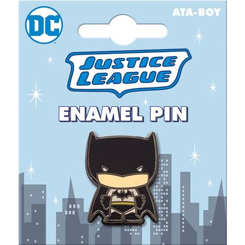 Justice League enamel pin packaging with a cityscape background