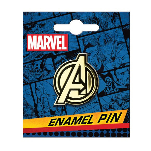 Marvel enamel pin with Avengers logo on a blue comic book background