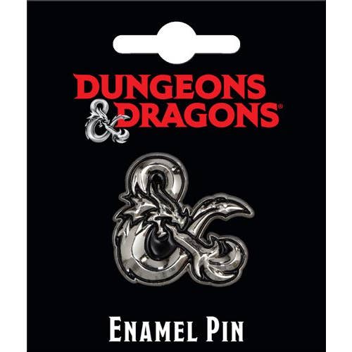 Dungeons & Dragons enamel pin on a black card with red text