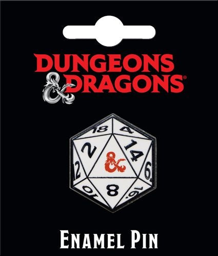 Dungeons & Dragons enamel pin with D20 die design on a black background