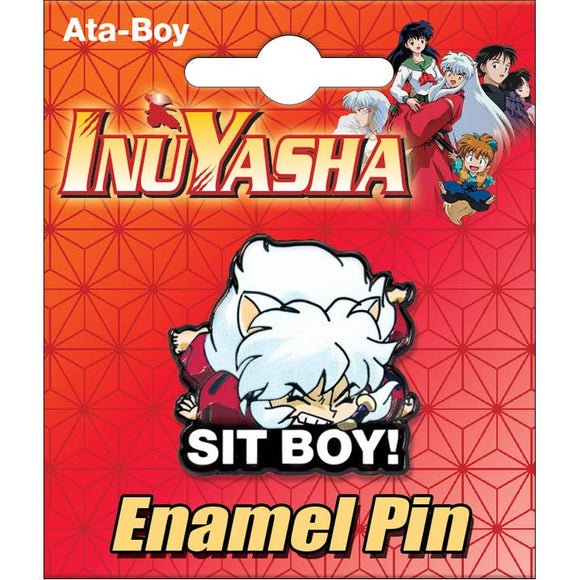Enamel pin packaging featuring 'Inuyasha' characters on a red background