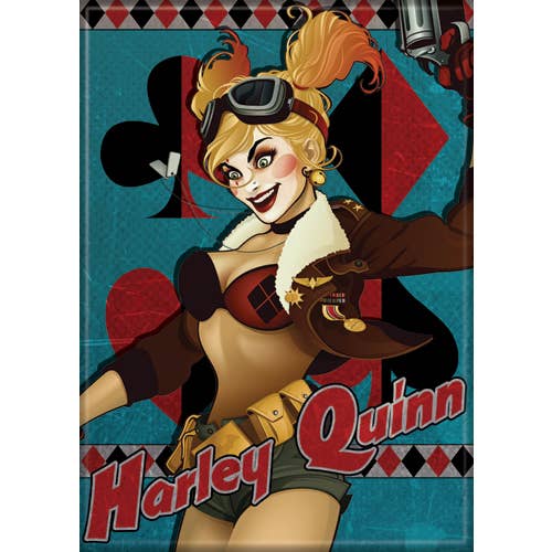 Harley Quinn character with a colorful background featuring playing card symbols.