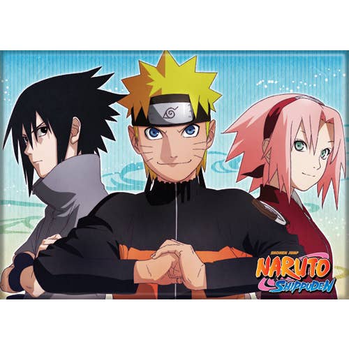 Three animated characters from 'Naruto Shippuden' with the show's logo.