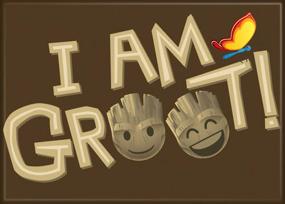 Text 'I AM GROOT!' with two Groot characters and a butterfly on a brown background