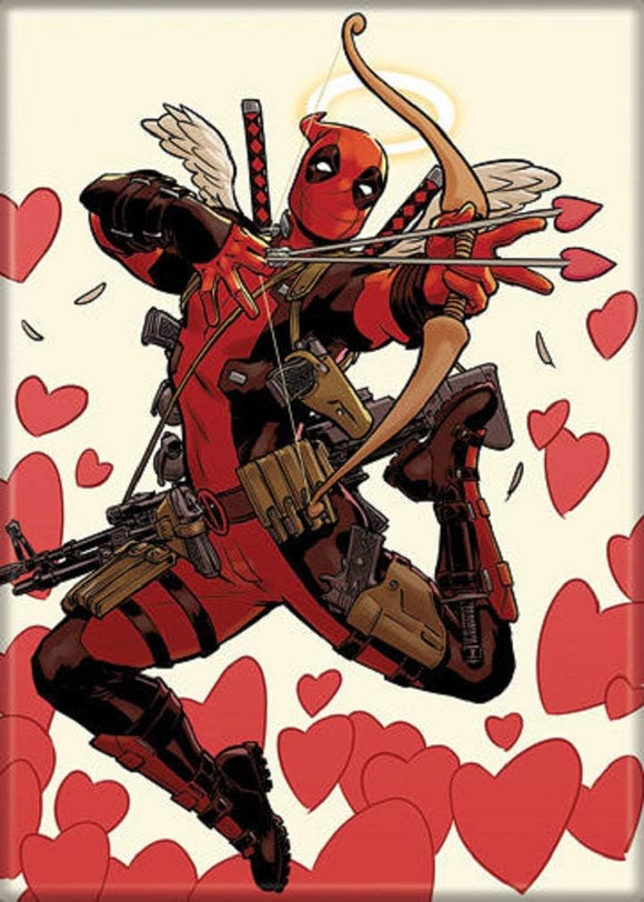 Deadpool character with a bow and arrows on a heart-patterned background