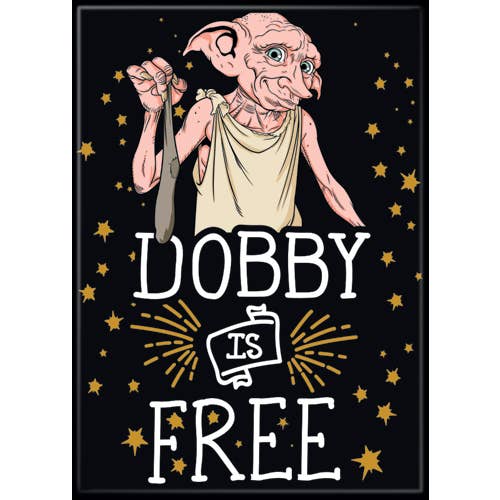 Illustration of a character with 'Dobby is Free' text on a black background with stars.