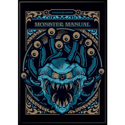 Monster Manual cover with a stylized creature design on a black background