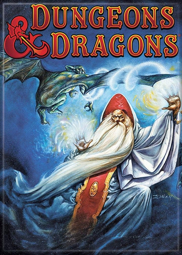 Dungeons & Dragons cover with wizard and dragon illustration
