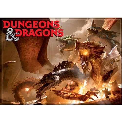 Dungeons & Dragons logo with dragons in a fiery battle scene