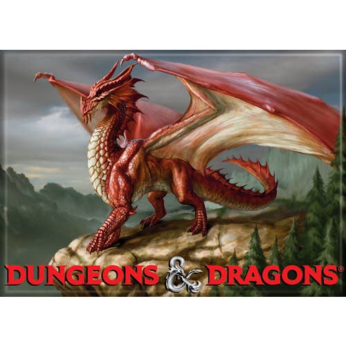 Red dragon statue on a rock with 'Dungeons & Dragons' logo in the foreground