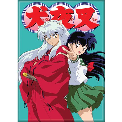 Two animated characters from 'Inuyasha' with the show's title above them on a blue background.