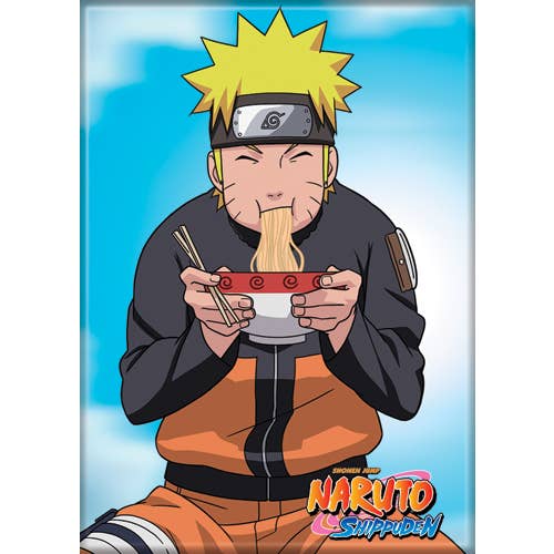 Character from Naruto Shippuden eating ramen with a blue background