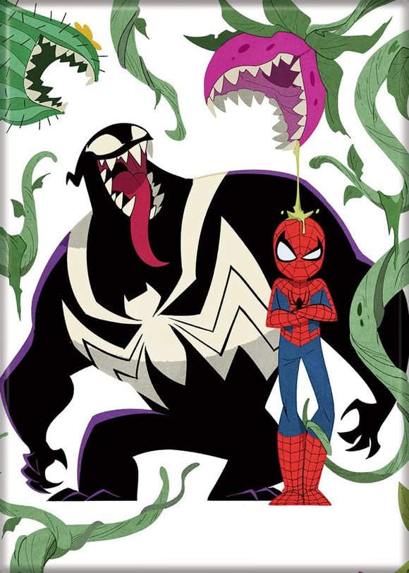 Cartoon depiction of a large black and white character with a red and blue superhero character surrounded by green vines.