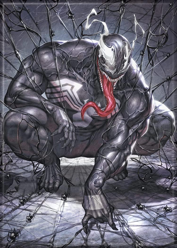 Venom character with a red tongue and spider web design on a dark background