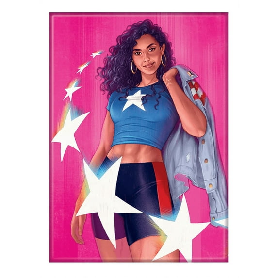Illustration of a woman in superhero costume with stars on a pink background