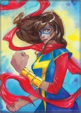 Colorful illustration of a superhero character with a red cape and blue outfit against a multicolored background.