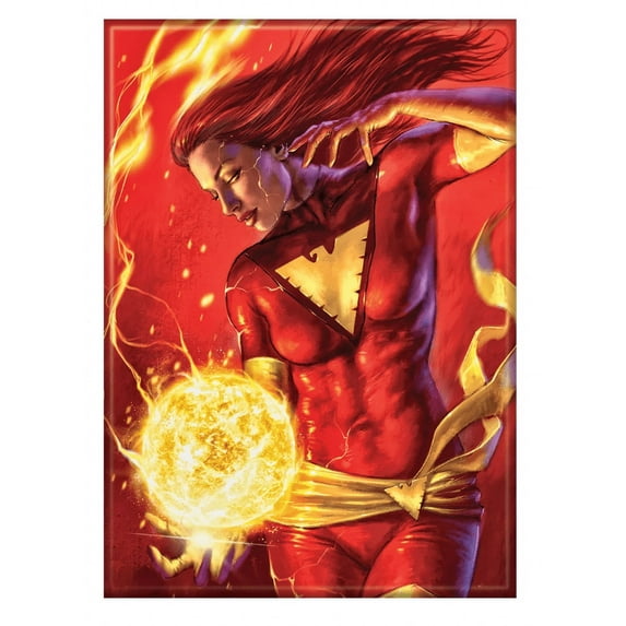 Character in a red and gold costume with fiery effects