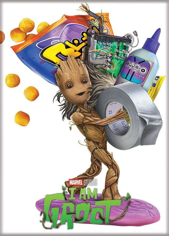 Groot character holding tape with various items on a colorful background