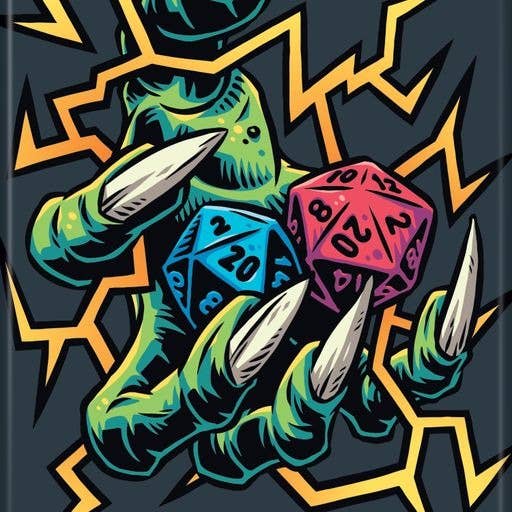 Colorful illustration of a hand holding dice with geometric patterns on a dark background