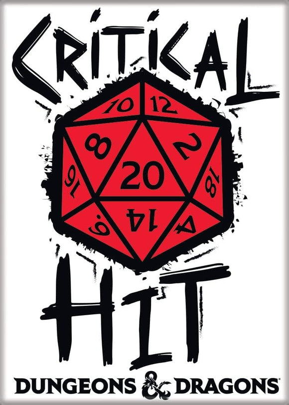 Red D20 die with 'Critical Hit' text and 'Dungeons & Dragons' branding on a white background