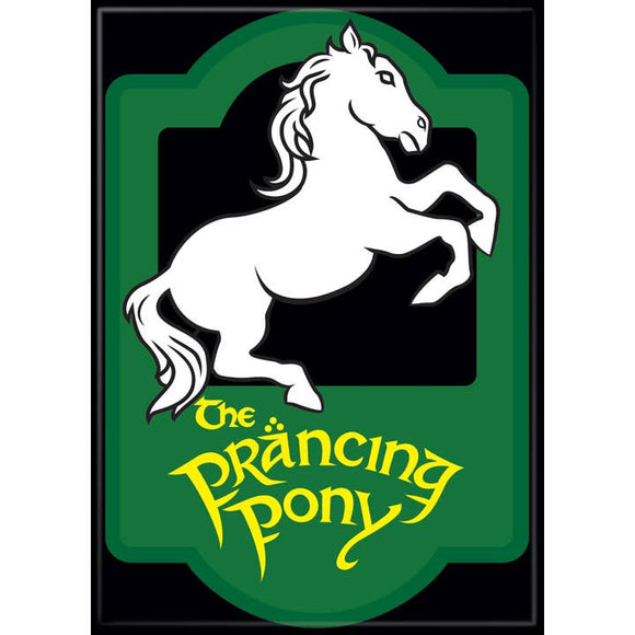 Logo of 'The Prancing Pony' with a white horse on a green background