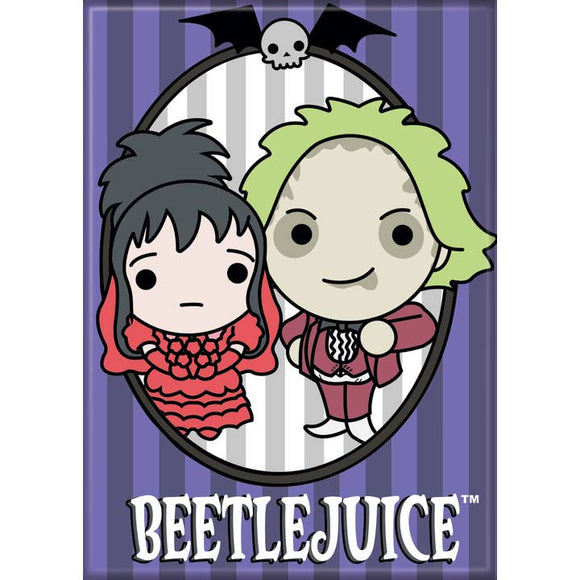 Cartoon characters from 'Beetlejuice' with a striped background