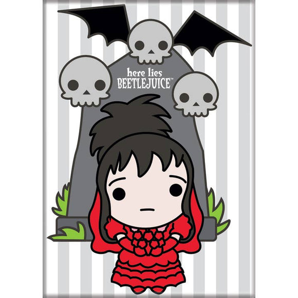 Cartoon character in a red dress standing in front of a 'Beetlejuice' tombstone with skulls and bats.