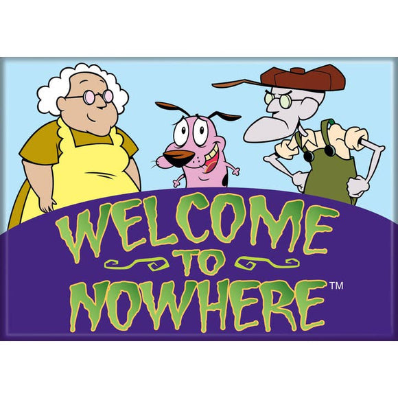 Cartoon characters with a 'Welcome to Nowhere' sign on a blue background