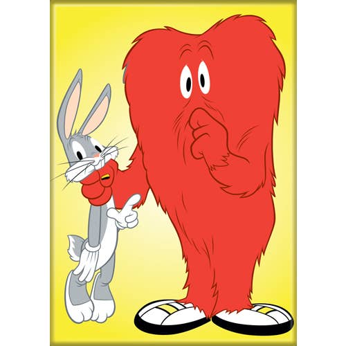 Cartoon characters Bugs Bunny and a red character on a yellow background