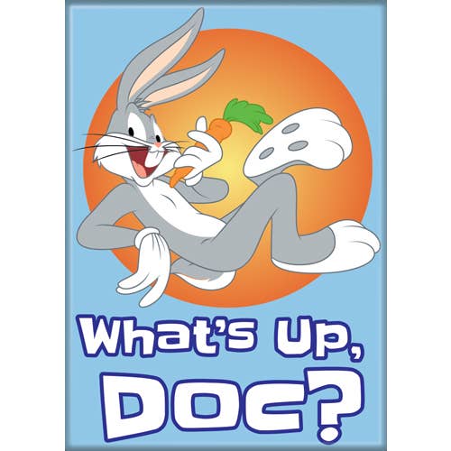 Cartoon character with text 'What's Up, Doc?' on a blue background