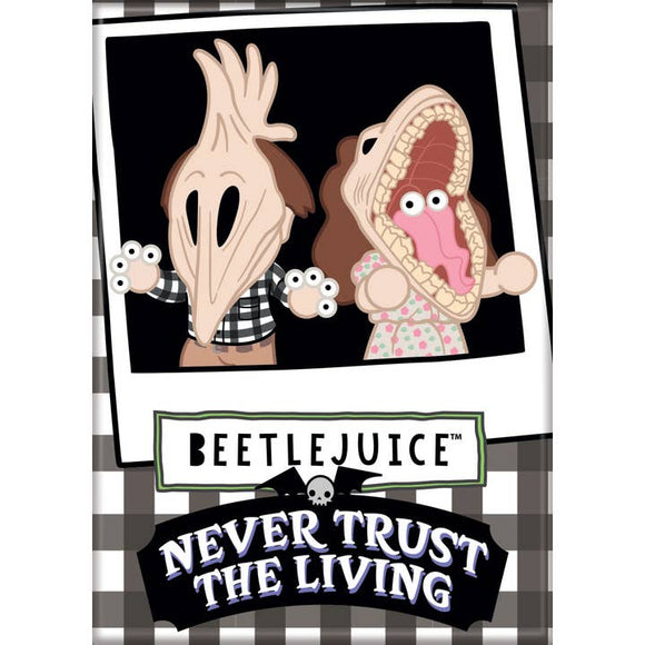 Cartoon characters with a 'Beetlejuice' logo and text on a checkered background