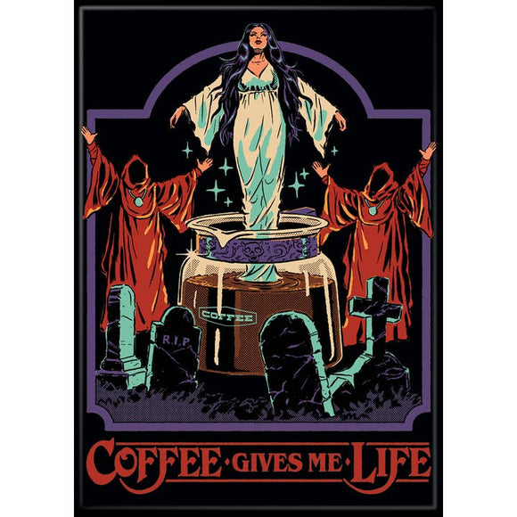 Artistic depiction of a figure standing on a coffee pot with two hooded figures and 'Coffee Gives Me Life' text.