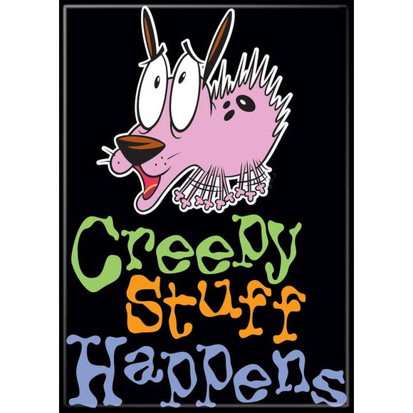 Cartoon character with text 'Creepy Stuff Happens' on a black background