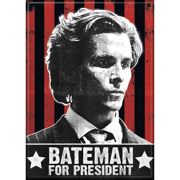 Vintage-style poster with a portrait and 'Bateman for President' text on a red and black striped background.