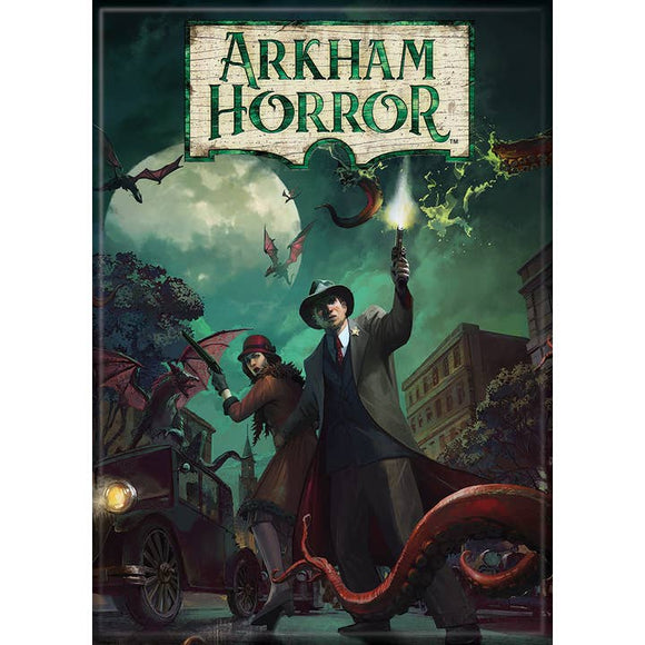 Arkham Horror game box cover with characters and spooky cityscape