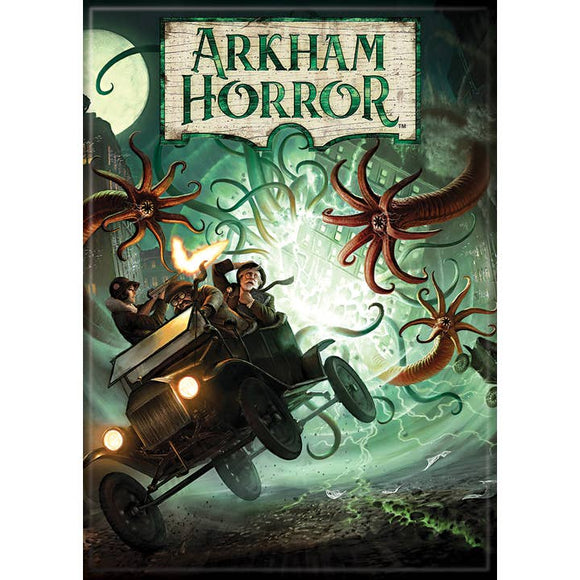 Arkham Horror game box cover with vintage car and octopus tentacles