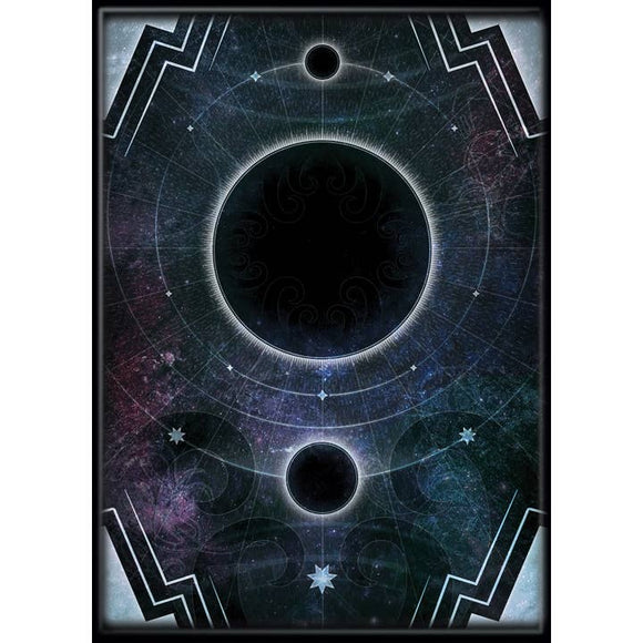 Decorative poster with celestial design featuring circles and geometric patterns on a dark background.