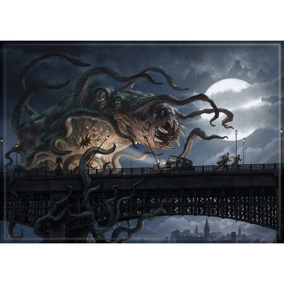 Monster-like creature on a bridge with a cityscape and moon in the background