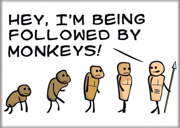 Cartoon illustration of people being followed by monkeys with text 'Hey, I'm being followed by monkeys!'