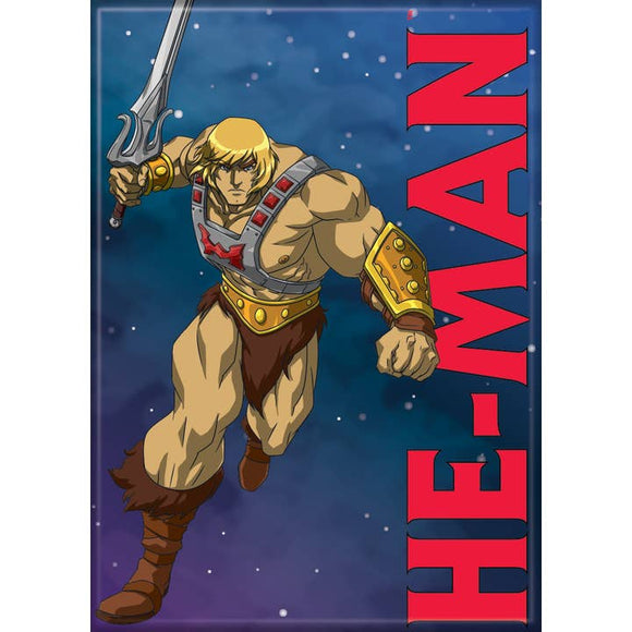 Animated character holding a sword with 'HE-MAN' text on a blue background