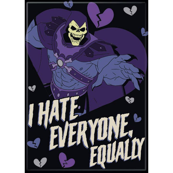Cartoon character with a dark purple outfit and yellow skull, surrounded by broken hearts and text 'I HATE EVERYONE, EQUALLY' on a black background.
