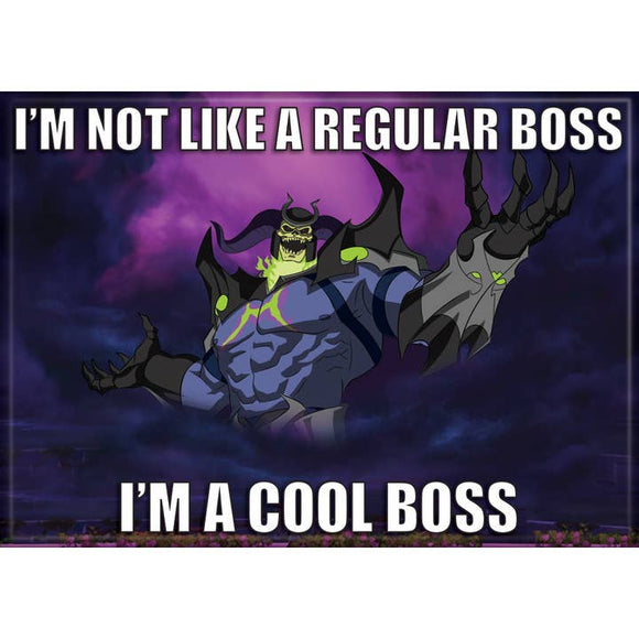 Cartoon character with glowing green eyes and text 'I'm not like a regular boss, I'm a cool boss' on a dark background.
