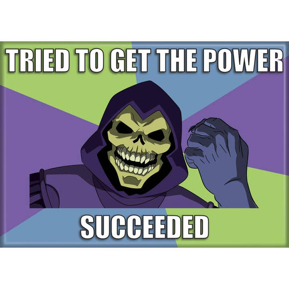 Cartoon character in a purple hood with text 'TRIED TO GET THE POWER' and 'SUCCEEDED' on a colorful background