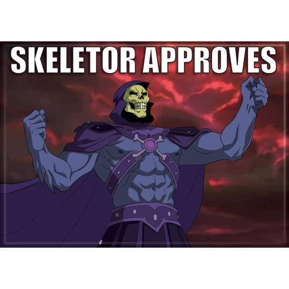 Cartoon character with a purple hood and green skull, standing against a dark background with 'Skeletor Approves' text.
